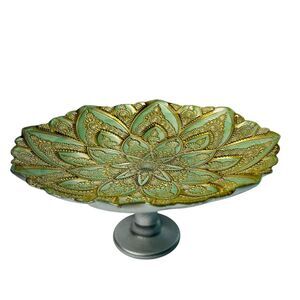 Artistic Accents Hand Decorated Glass Pedestal Bowl Turkey Sage Gold Silver 13"